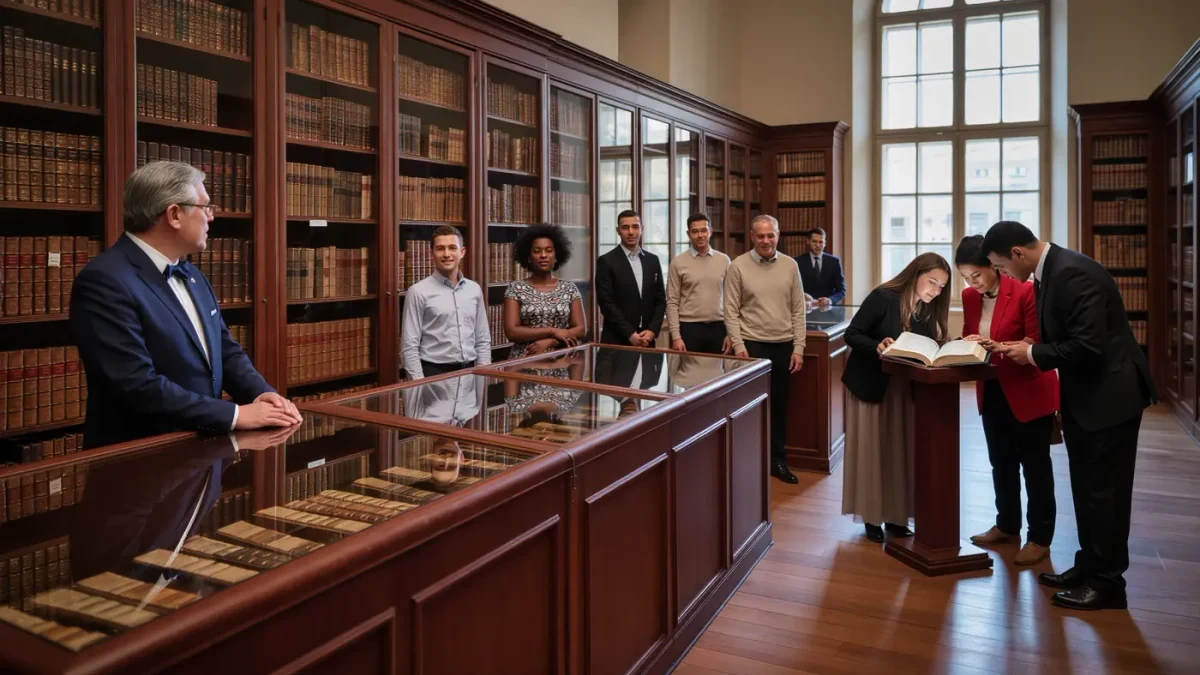 Students and researchers browse rare theology volumes in a seminary library