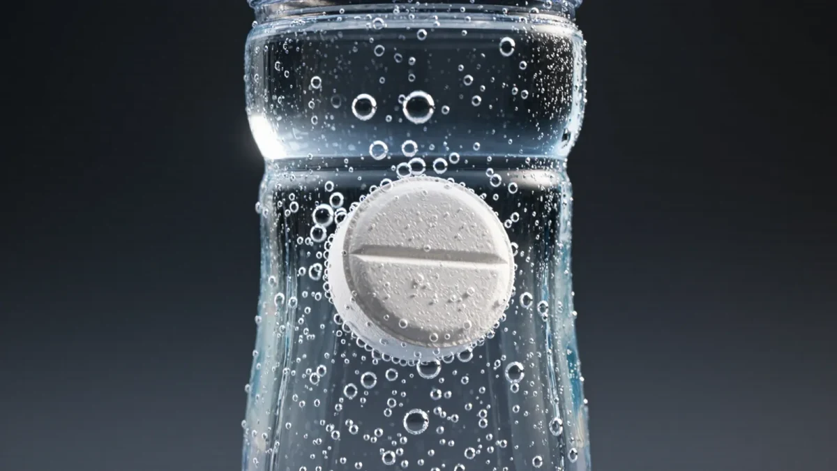 Electrolyte tablet dissolving in water bottle close-up