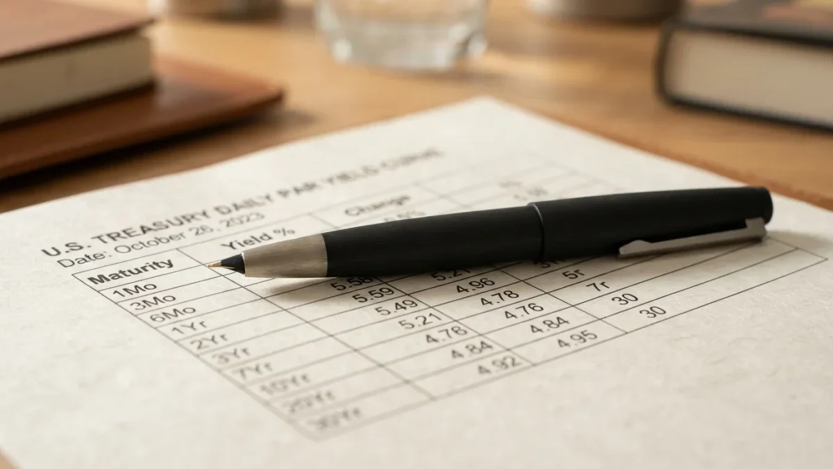 Fountain pen resting on a printed Treasury yield table, close-up