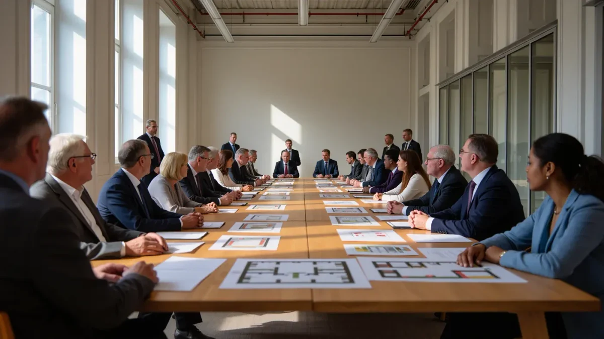 Trustees and staff review papers around a museum meeting table