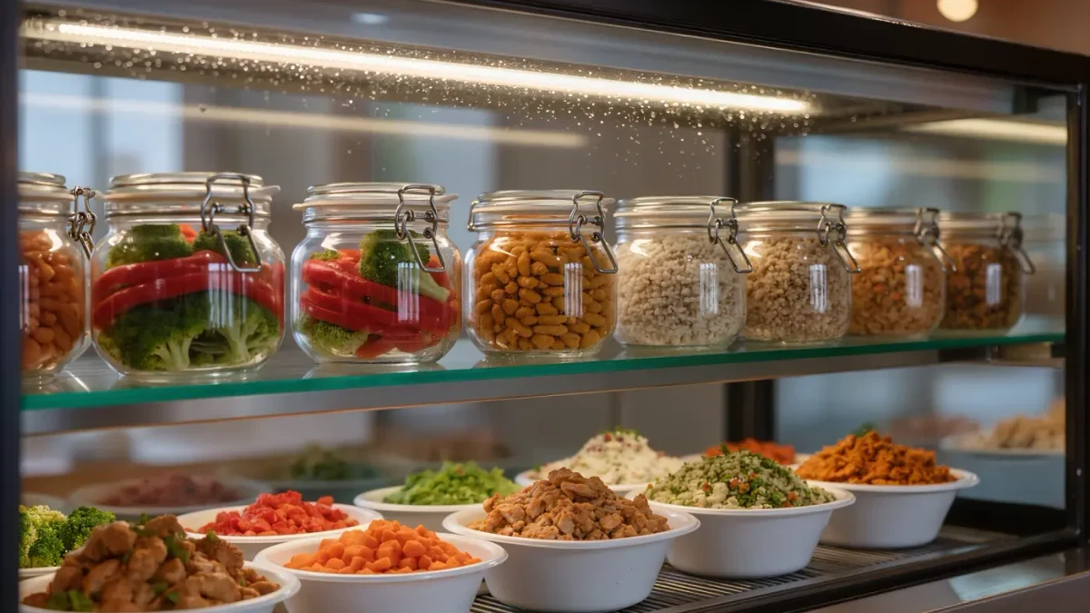 Close-up of grab-and-go meal jars in a refrigerated cafe case