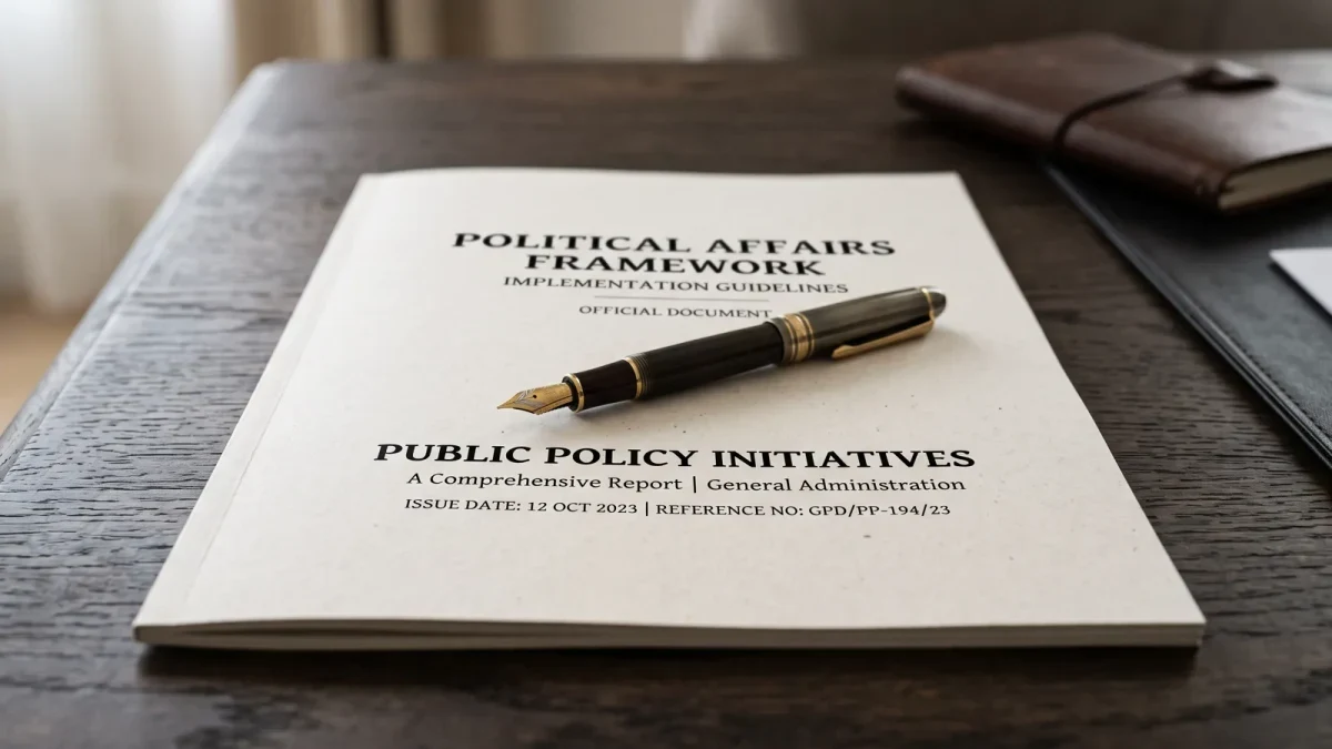 Close-up of a printed policy document cover with a pen resting on it