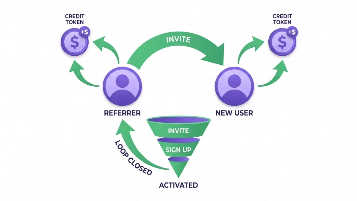 Referral loop diagram with two users, invite arrow and shared credits