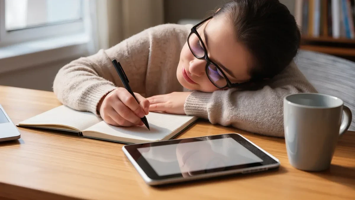 Person writing reading goals in a notebook beside an e-reader