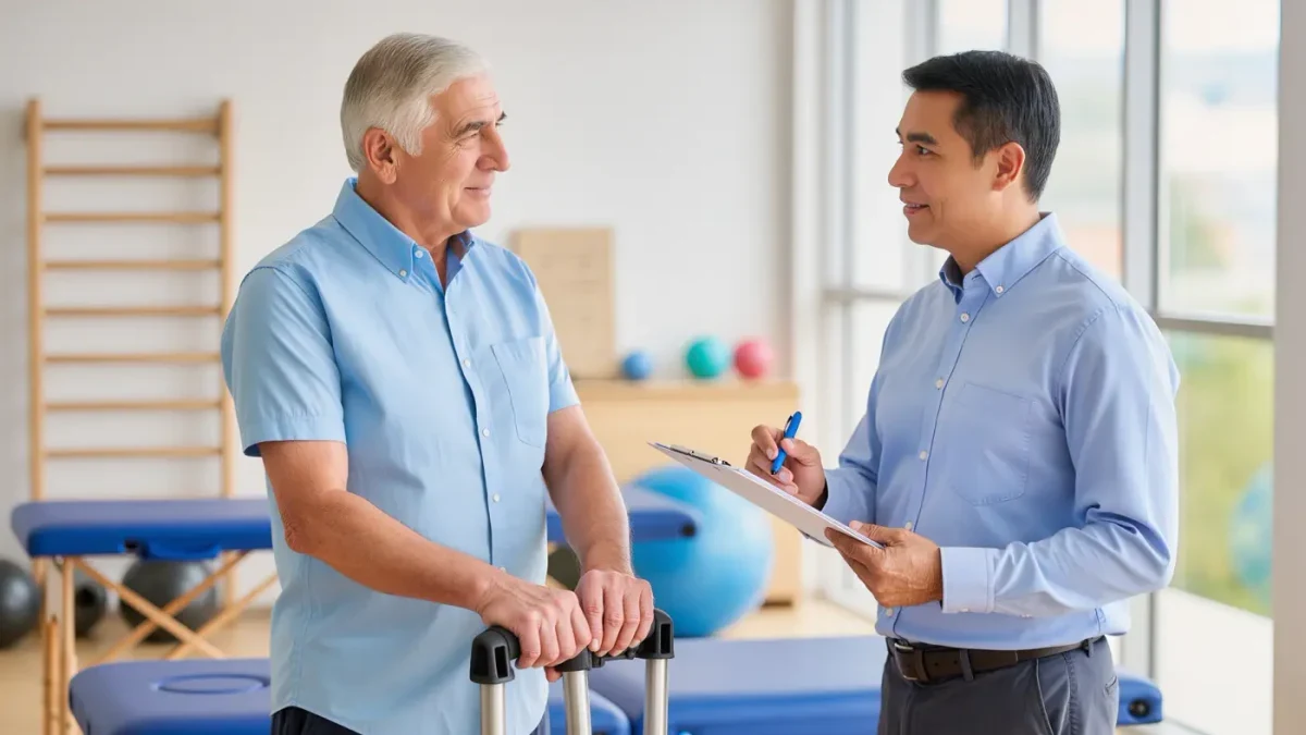 Older man gripping a dynamometer during a fitness assessment