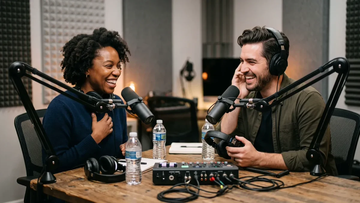 Two hosts recording a podcast with studio microphones