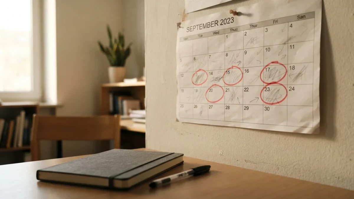 Wall calendar with circled dates in an empty office