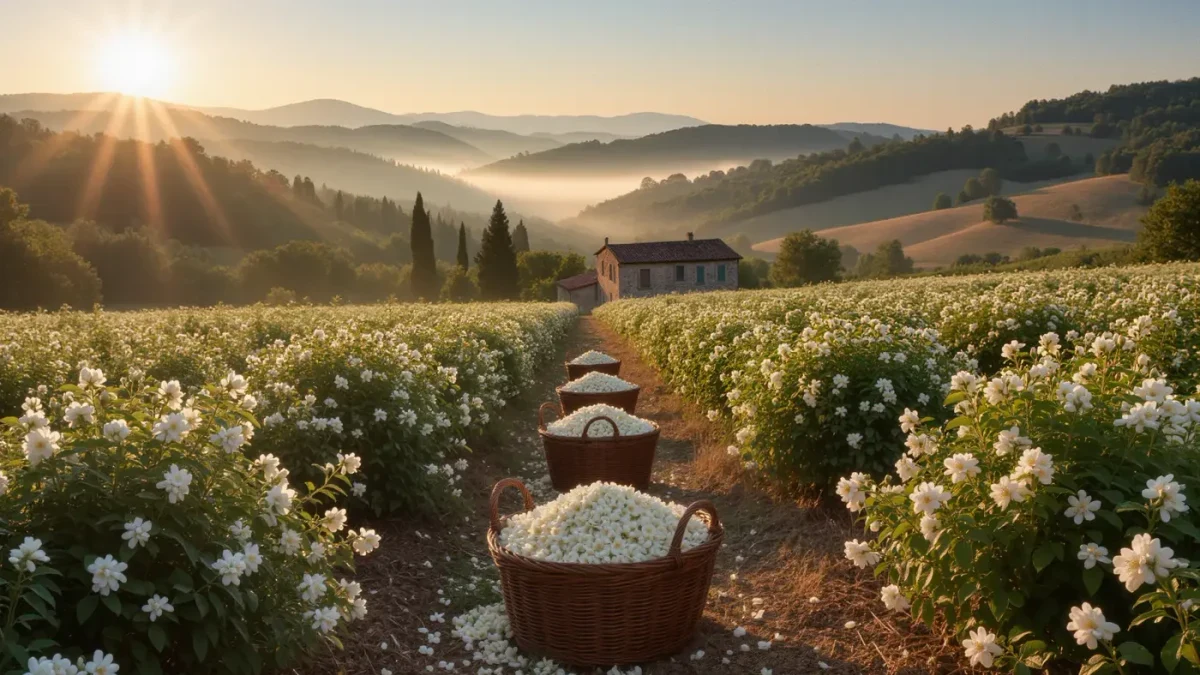 Dawn light over a jasmine field in the hills above Grasse with harvest baskets among the rows