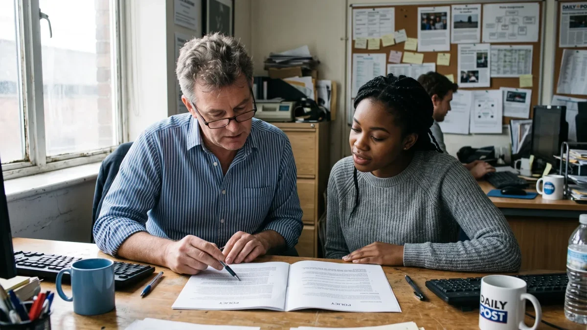 Two colleagues in a small office reviewing a written policy sheet together