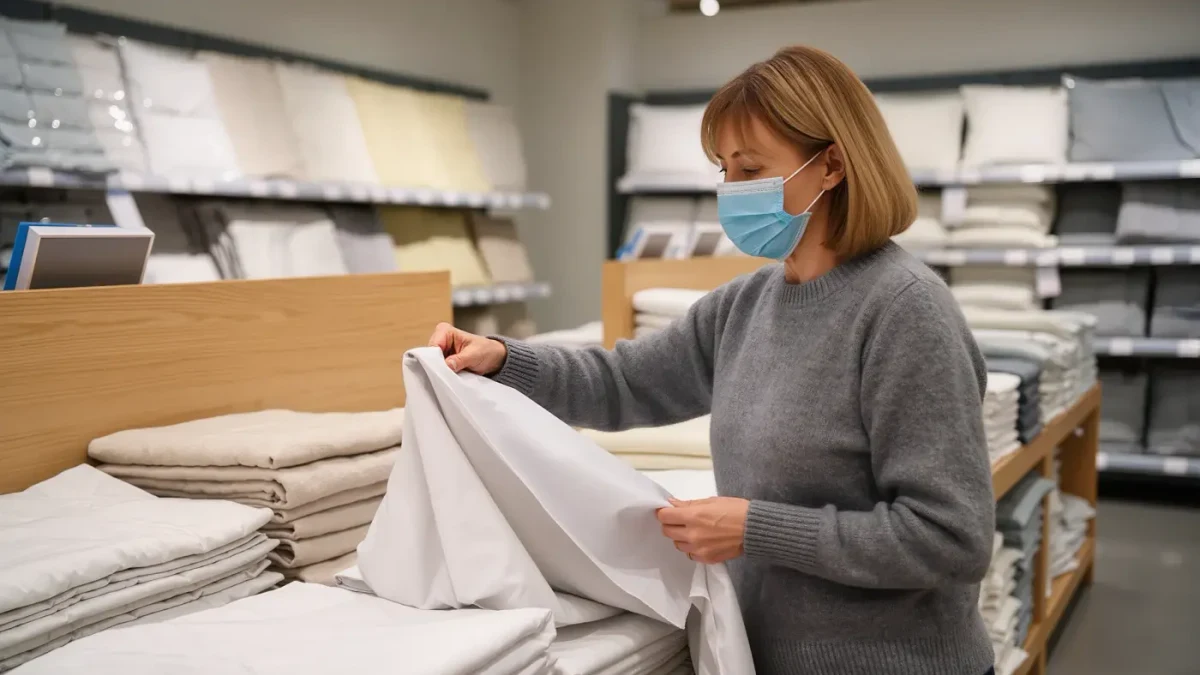 Shopper inspecting folded white cotton sheet sets on a department store table