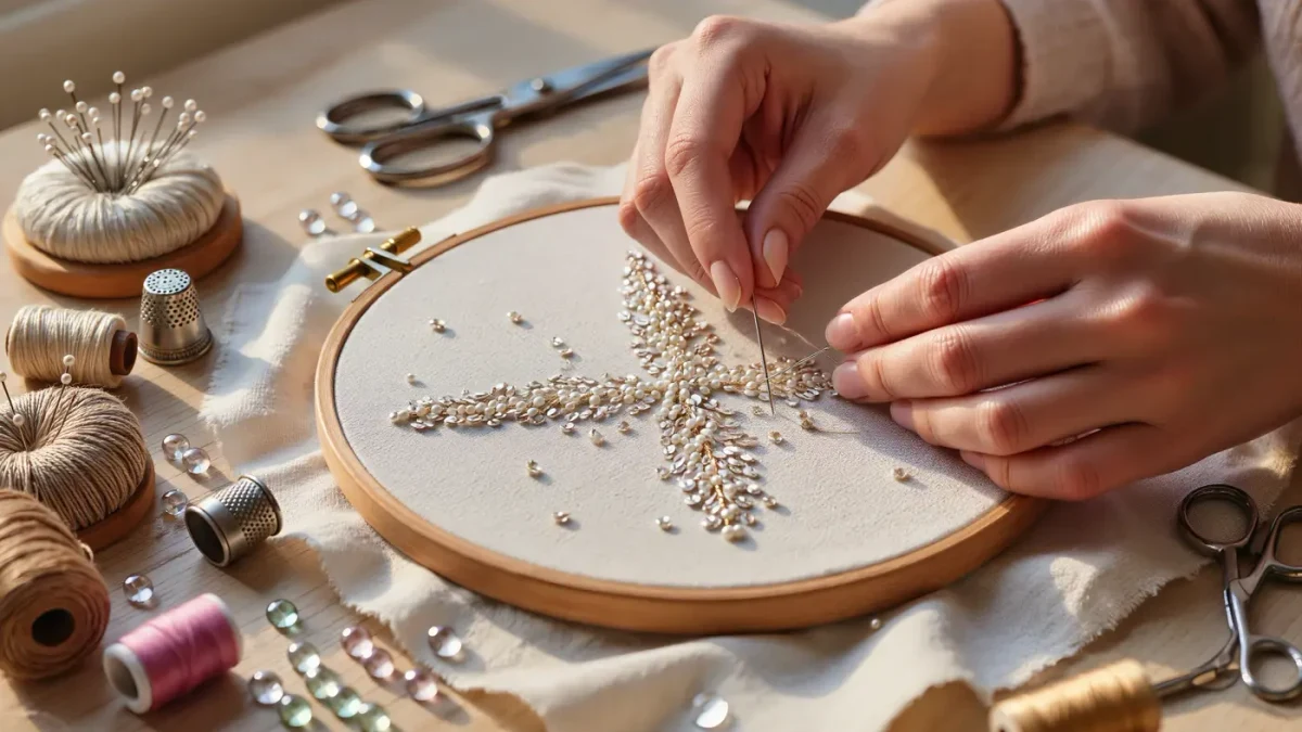 Hands of couture embroiderers working beadwork on fabric in an atelier