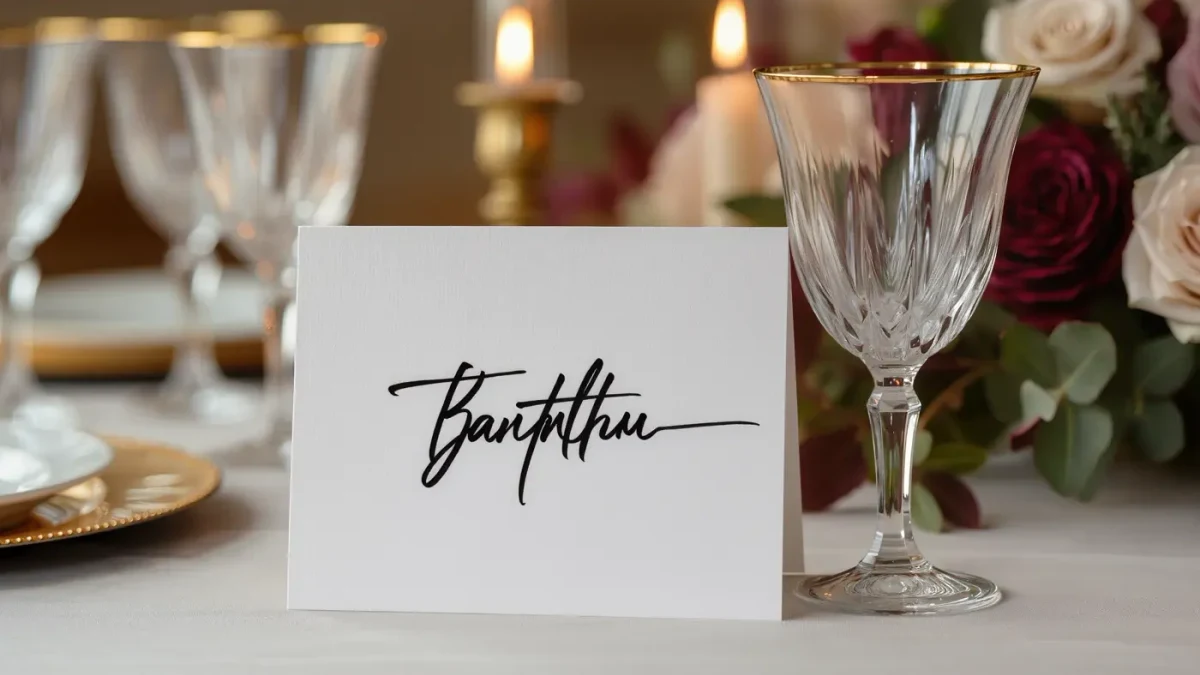 Calligraphed place card propped on crystal glass at formal banquet setting