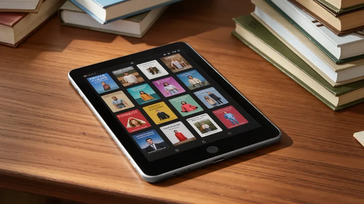 E-reader with blurred library grid beside a stack of paper books