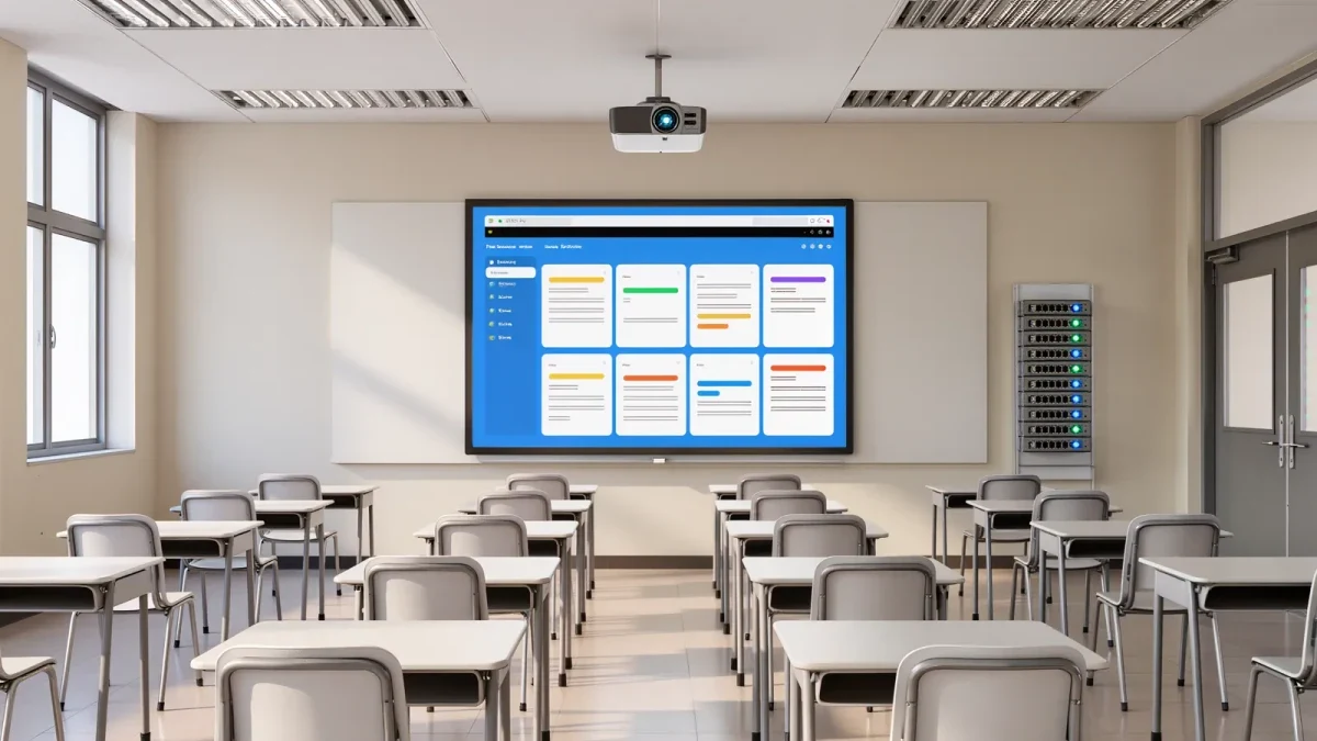 Empty classroom with projector displaying a course platform
