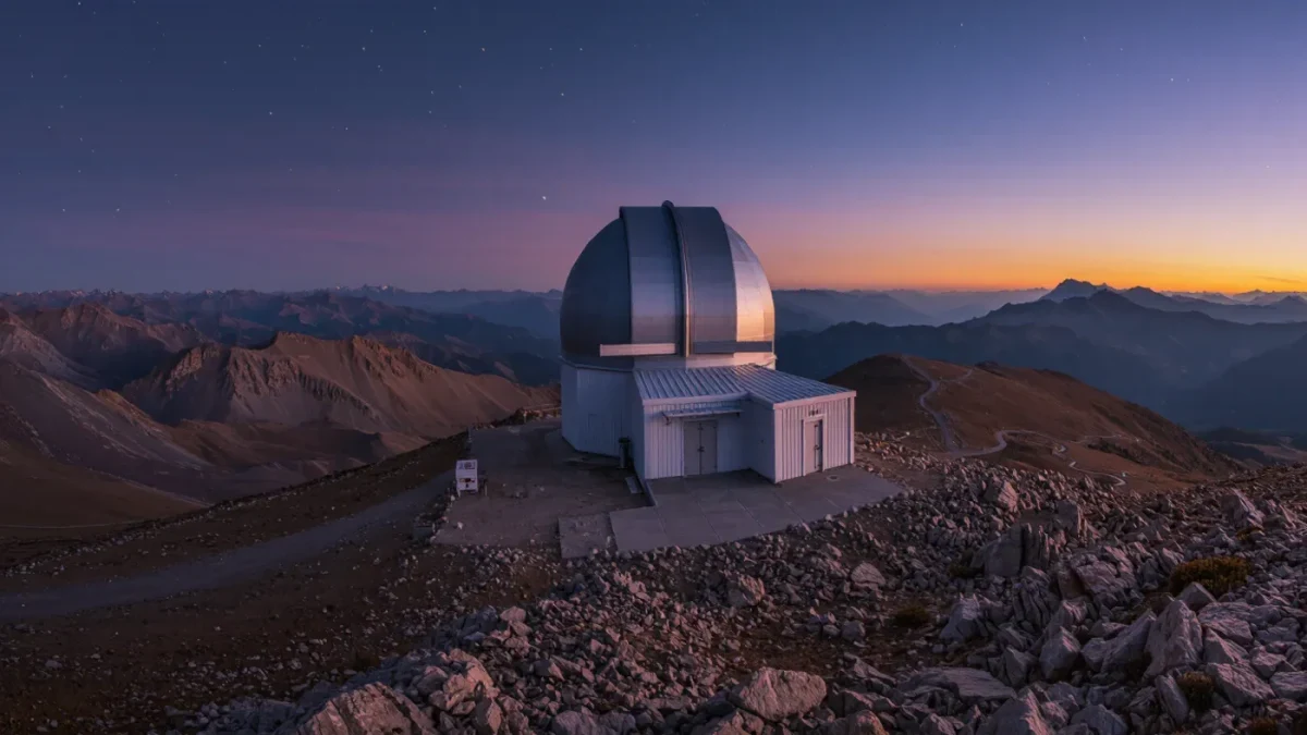 Telescope dome on a Chilean mountain ridge at dusk