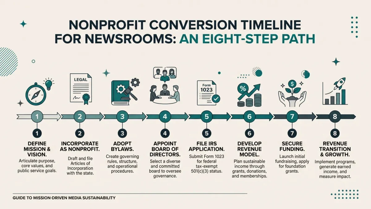 Eight-step timeline infographic of nonprofit conversion for a newsroom