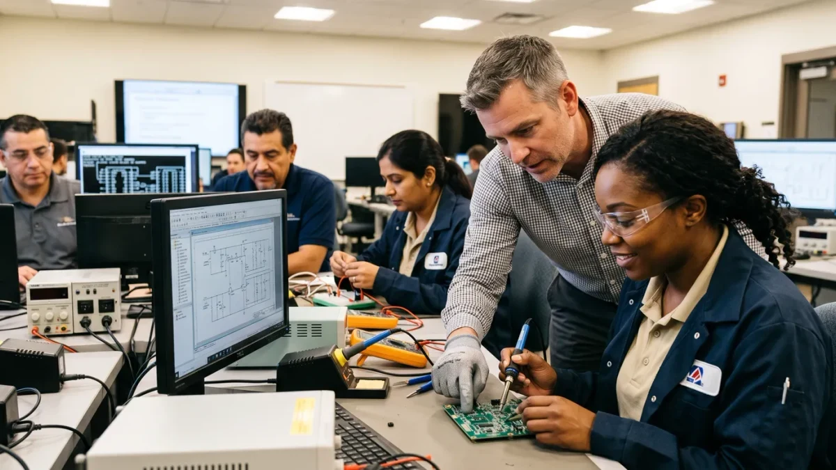 Workers in a paid training lab session with an instructor