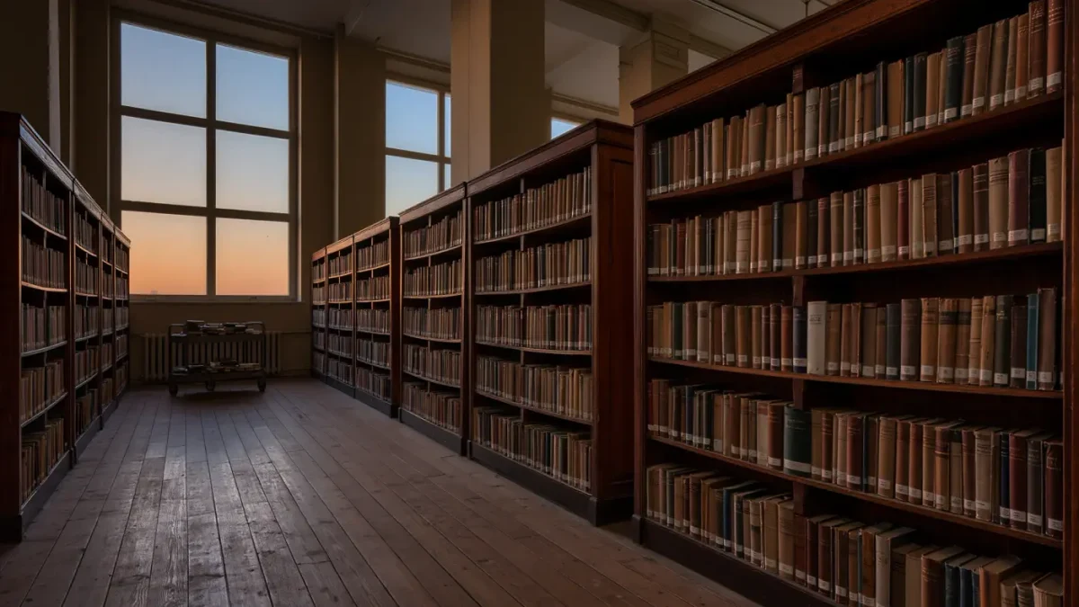 Long dim library aisle at dusk, no people
