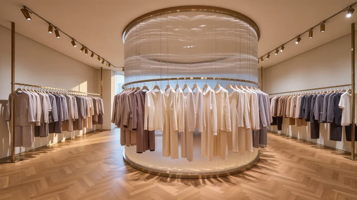 Elegant empty designer boutique corner with designer racks and warm spotlights