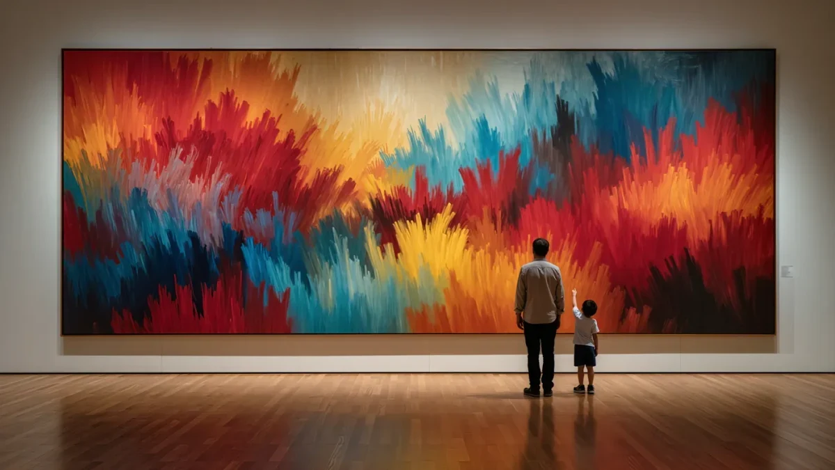 Caregiver and small child viewed from behind studying a large painting in a gallery
