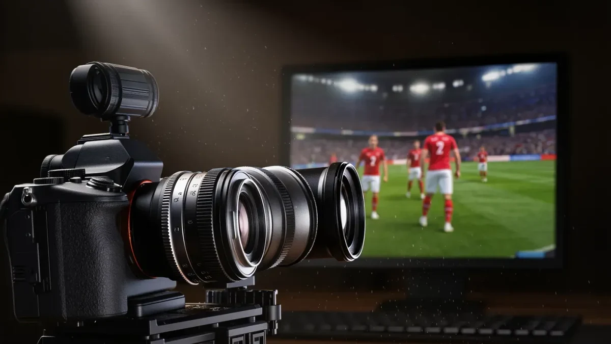 Close-up of a cinema camera filming a gaming monitor in a dark editing room