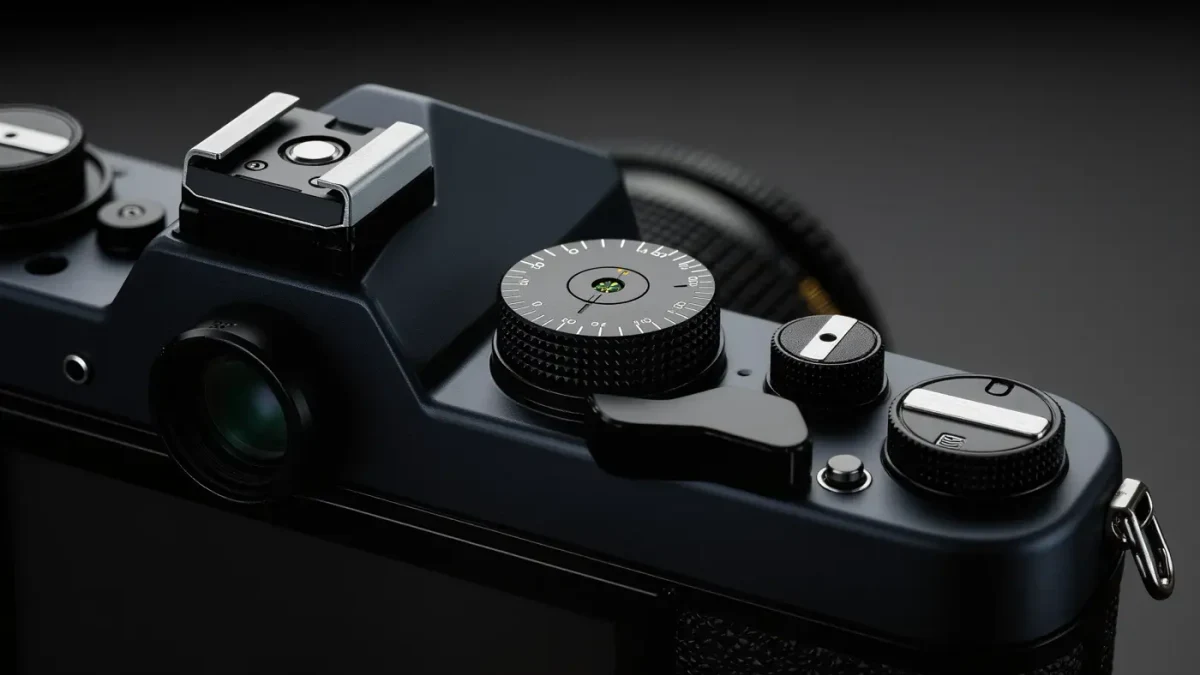 Studio close-up of a mechanical SLR shutter dial and meter needle window
