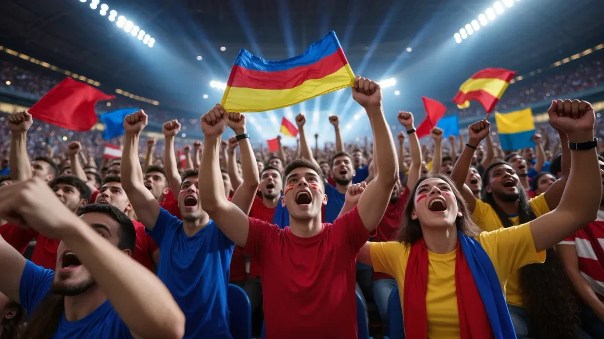 Young fans with banners reacting inside a packed world championship arena