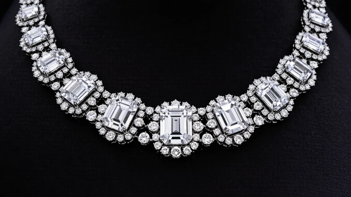 Studio close-up of a diamond high jewelry necklace on black velvet
