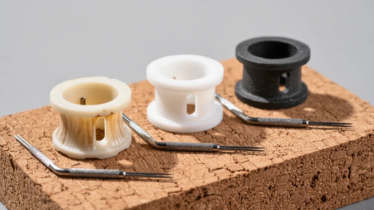 Bone and synthetic guitar nut blanks on a repair bench