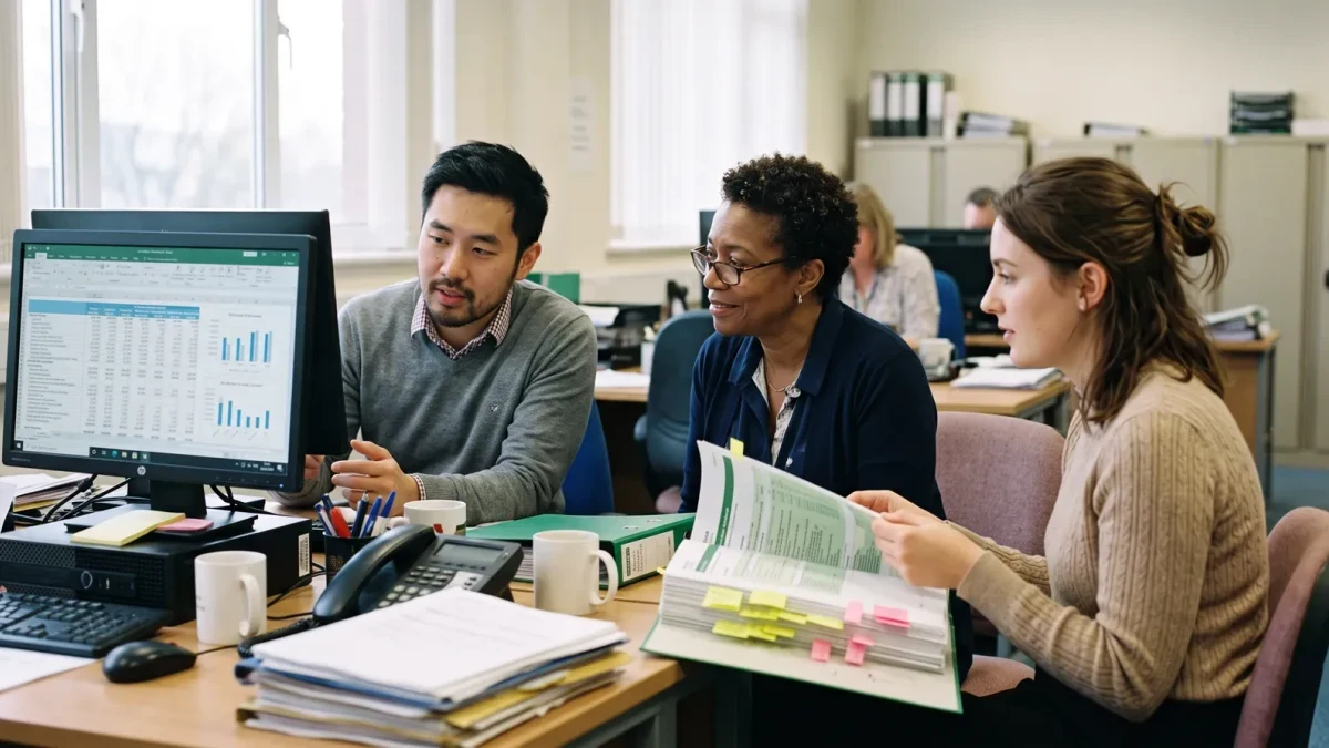 Auditors at work in a government oversight office reviewing records