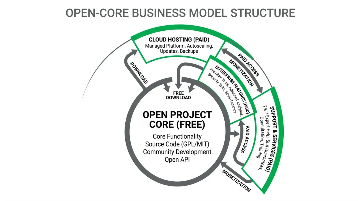 Diagram of a free open-source core ringed by paid cloud and enterprise segments