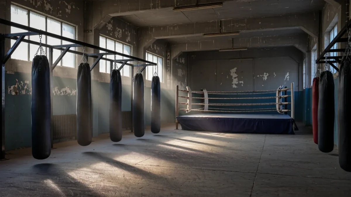 Empty boxing gym with heavy bags and ring in early morning light