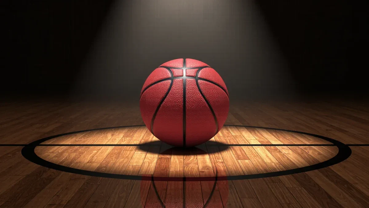An NBA game ball resting on polished hardwood under arena lights
