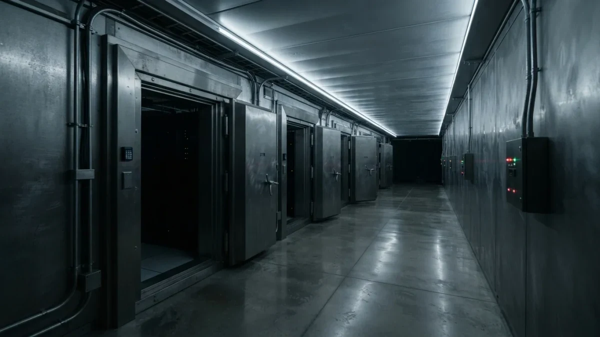 Empty steel-lined vault corridor inside an institutional digital asset custody facility