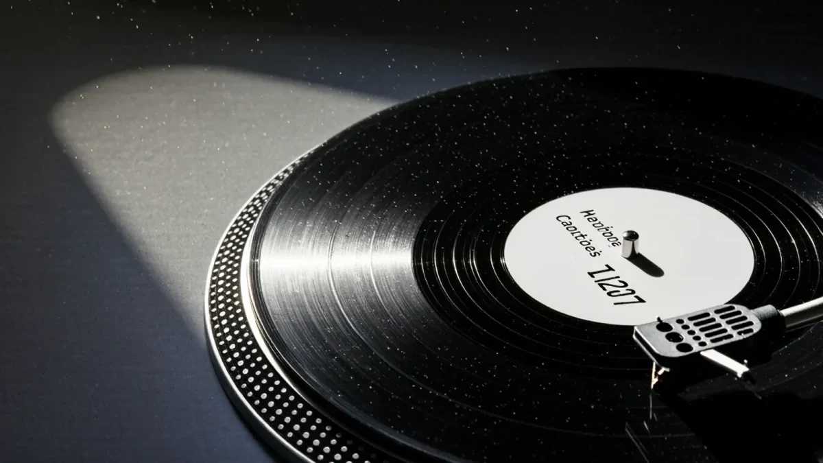 Close-up of a hand-stamped white label record on a turntable