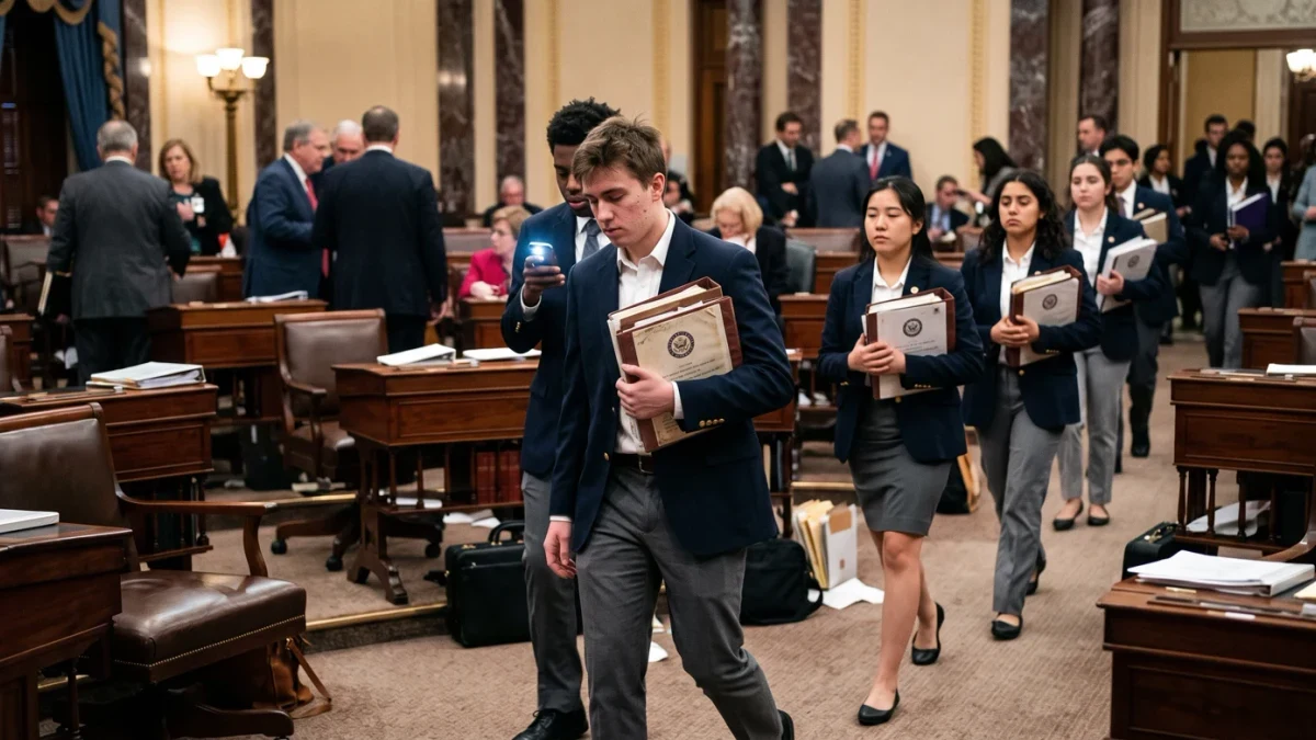 Senate pages carrying binders across chamber during vote session