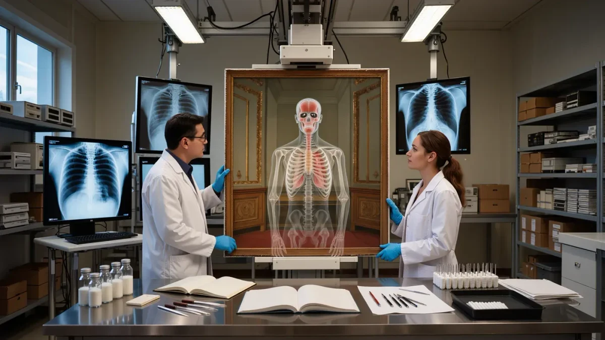 Conservation scientists examining a painting under lab imaging equipment