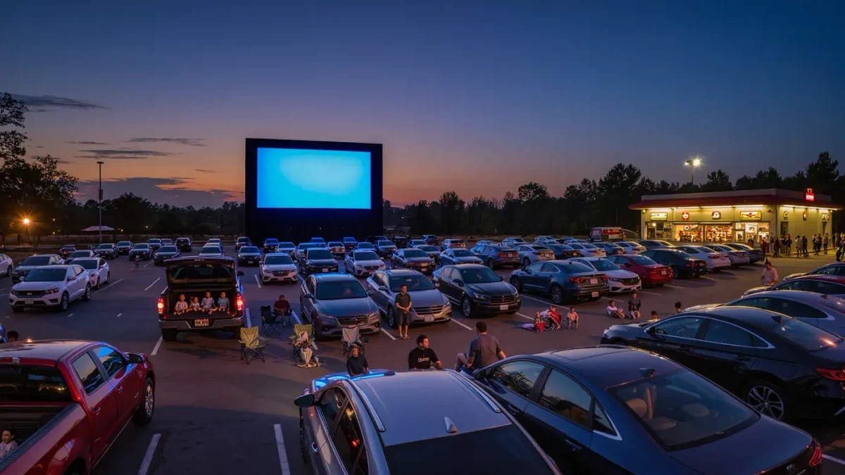 Families in parked cars watching a movie screen at twilight