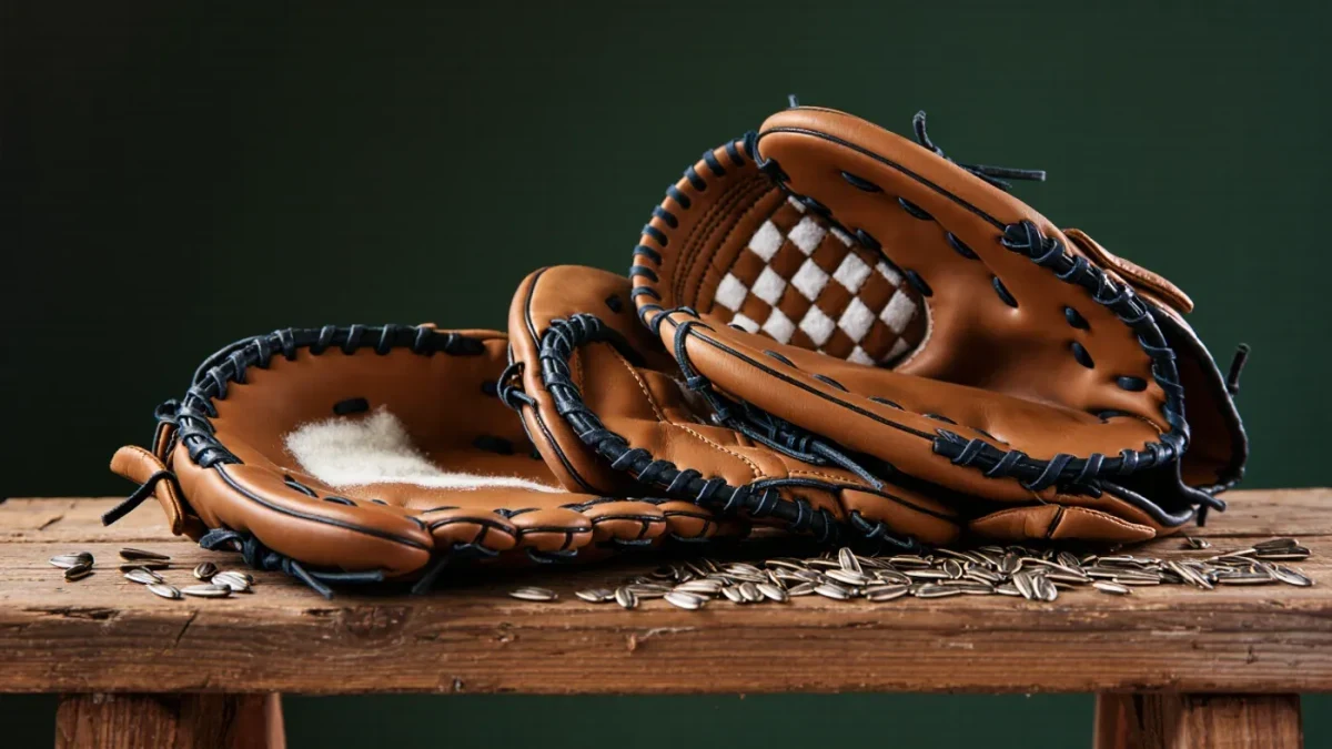 Worn baseball gloves stacked on a minor league clubhouse bench
