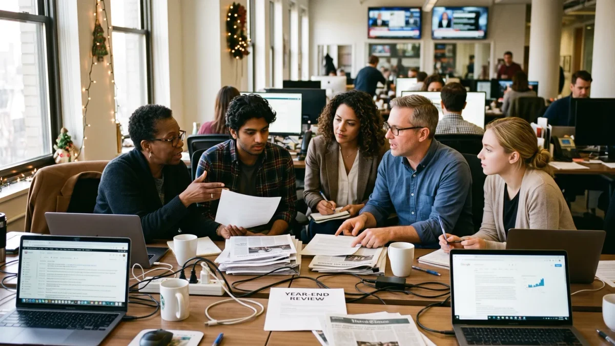 Newsroom journalists discussing the year's headlines at desks