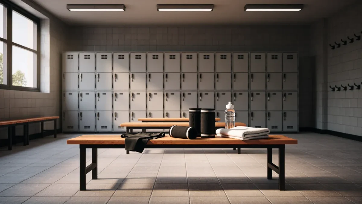 Neatly folded compression tights and calf sleeves on a locker room bench
