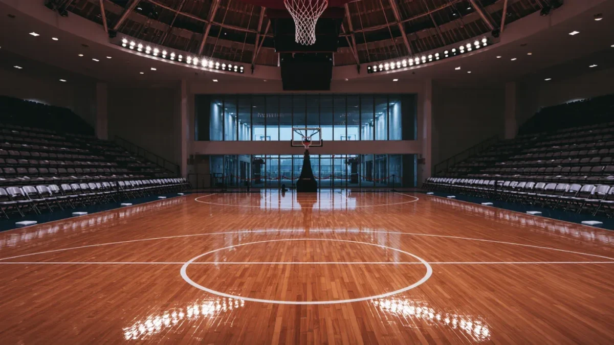 Empty basketball arena with courtside seats before gates open