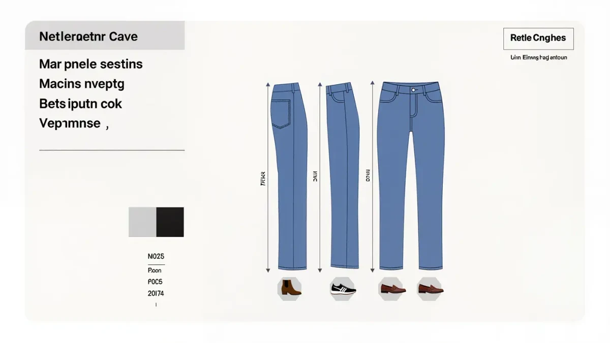 Minimal editorial diagram of three straight-leg jean silhouettes with measurement guide lines for rise, inseam and leg opening