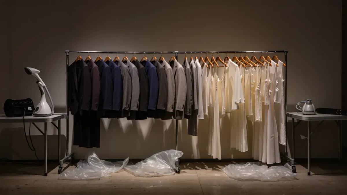 Backstage rail with menswear and womenswear looks hanging side by side