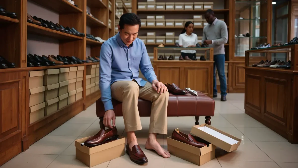 Customer trying on brown leather penny loafers in a traditional shoe shop