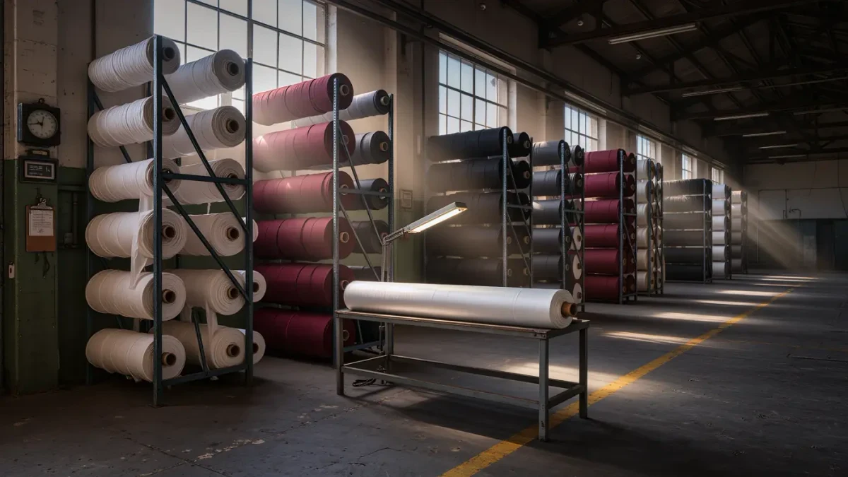 Textile mill interior with rolls of finished fabric awaiting inspection