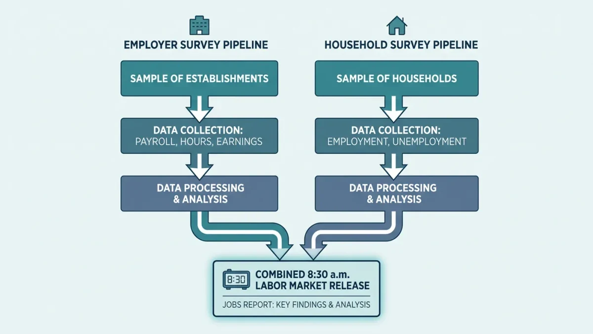 Infographic contrasting establishment and household survey sources in the jobs report
