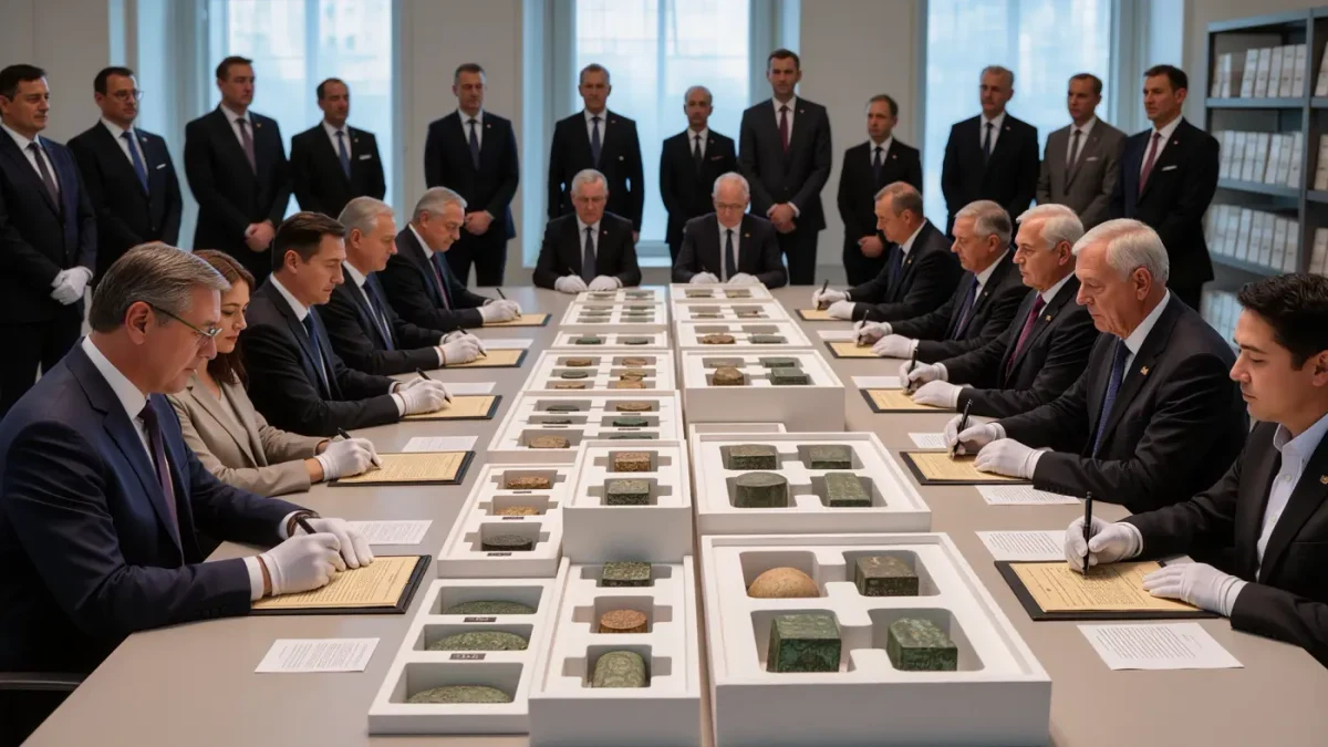 Officials signing repatriation papers beside catalogued ancient artifacts