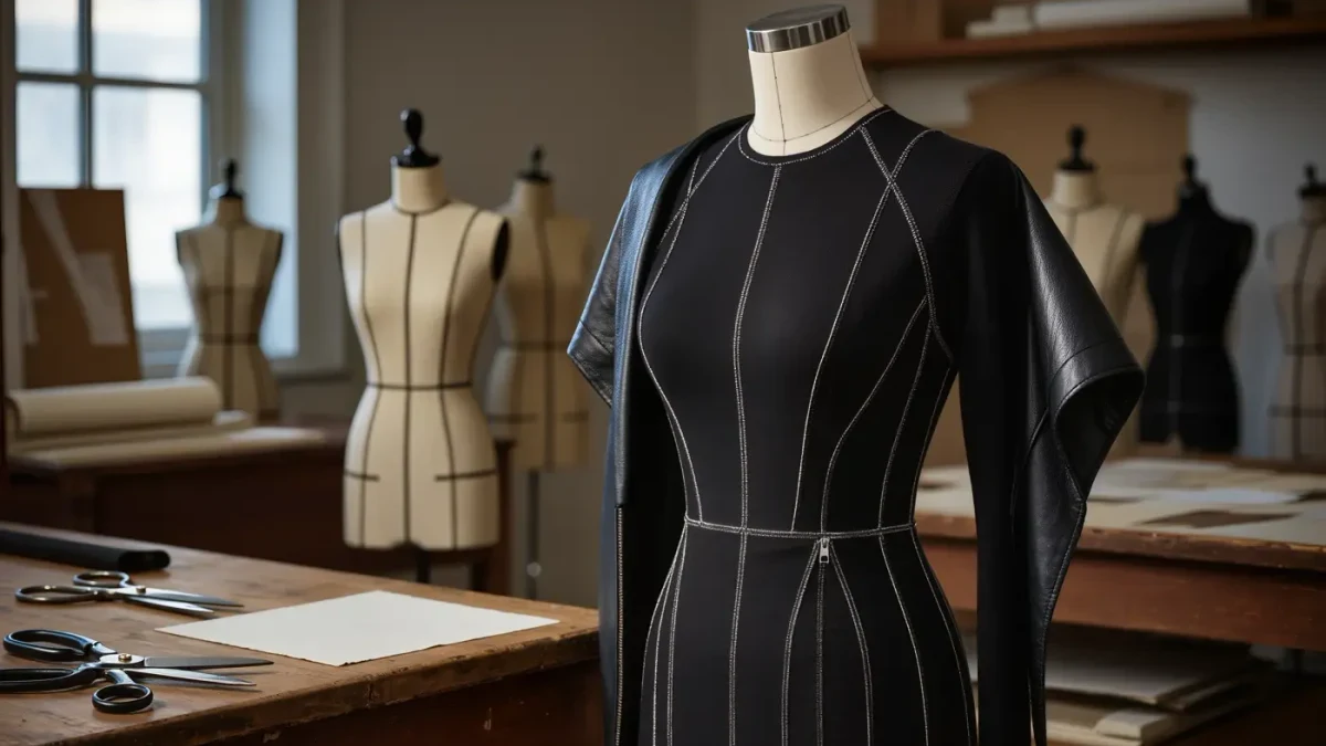 Black stretch body-con dress on a mannequin in a Paris atelier