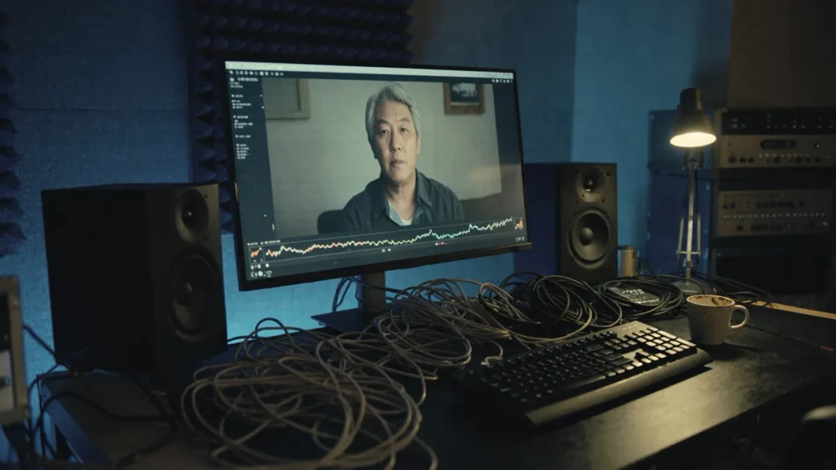 Dark editing suite with paused interview footage glowing on monitor